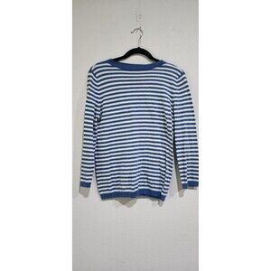 Talbots Sweater Womens Wool Blend M White Blue Striped Knit 3/4 Sleeve Pullover